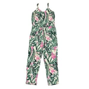 Old Navy Palm Leaves Jumpsuit Medium Floral Elastic Waist Pockets Green Pink